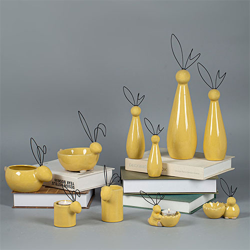Yellow Stoneware Rabbits with for Decoration